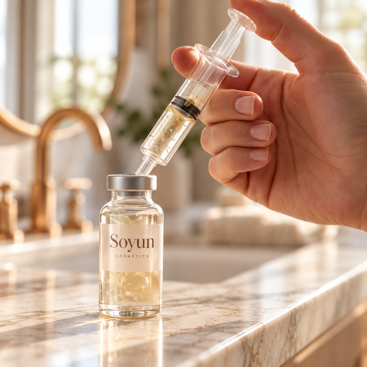 Odmierzanie serum Soyun aplikatorem bez igły.
